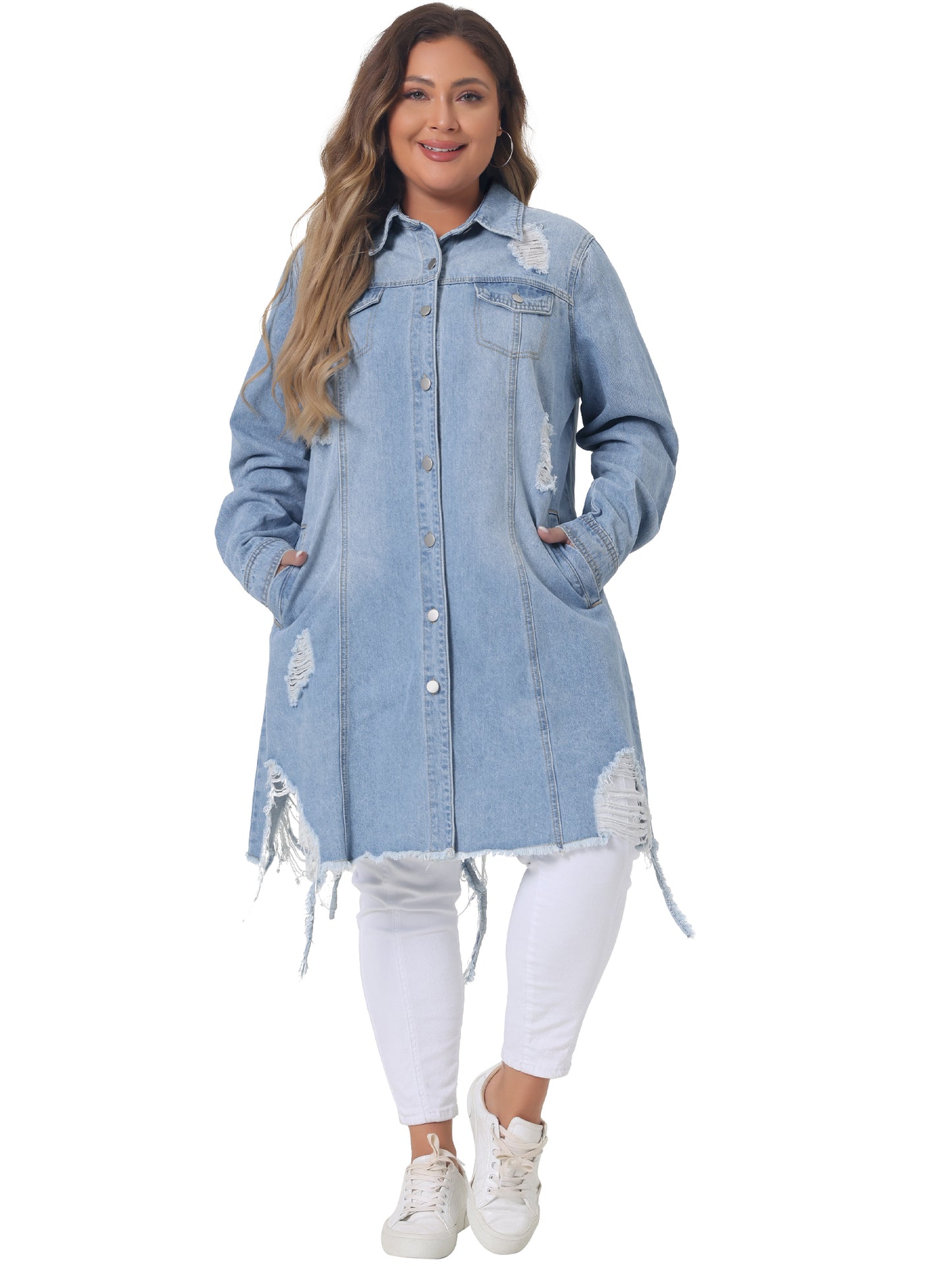 Women Plus Size Jean Jacket Distressed Long Sleeve Oversized Denim Trucker Jacket