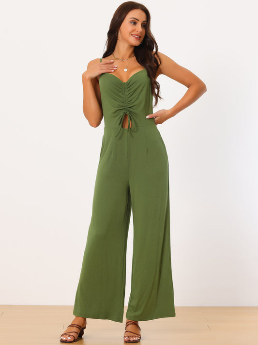 Women's V Neck Ruched Drawstring Front Sleeveless Spaghetti Straps Wide Leg Long Jumpsuits