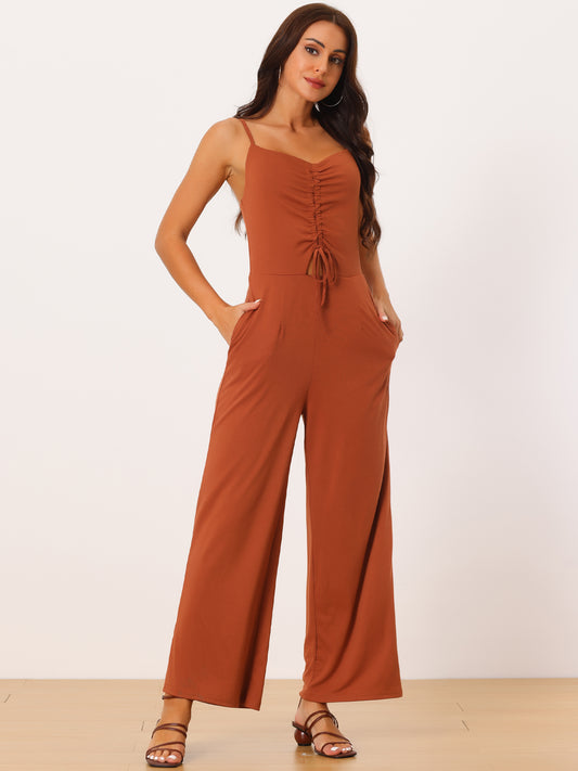 Women's V Neck Ruched Drawstring Front Sleeveless Spaghetti Straps Wide Leg Long Jumpsuits