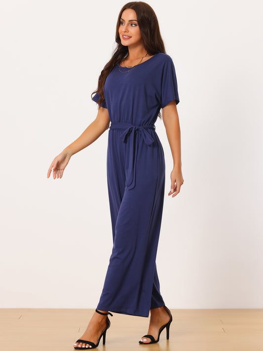 Women's Crewneck Short Sleeve Belted High Waist Wide Leg Casual Dressy Jumpsuits with Pockets