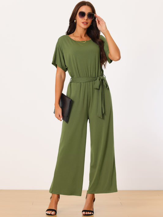 Women's Crewneck Short Sleeve Belted High Waist Wide Leg Casual Dressy Jumpsuits with Pockets
