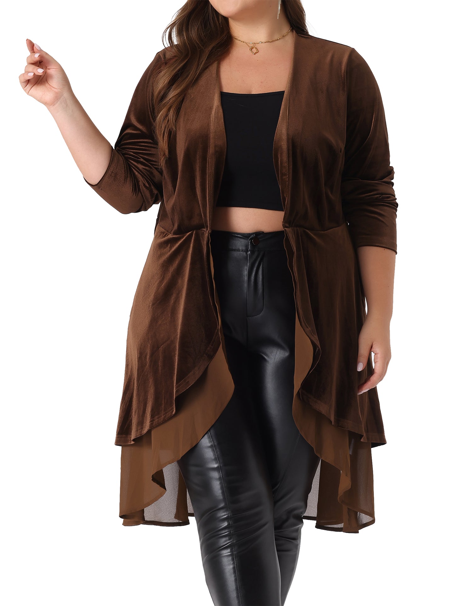 Women Plus Size Cardigan Ruffled Asymmetric Open Front Long Velvet Jacket