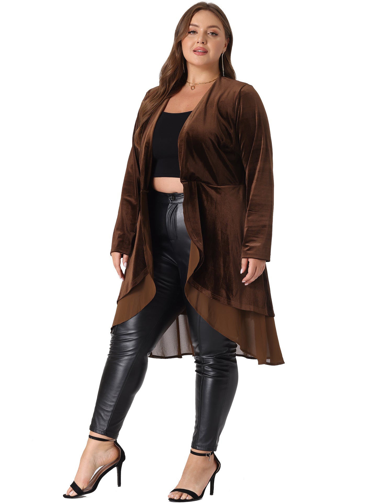 Women Plus Size Cardigan Ruffled Asymmetric Open Front Long Velvet Jacket