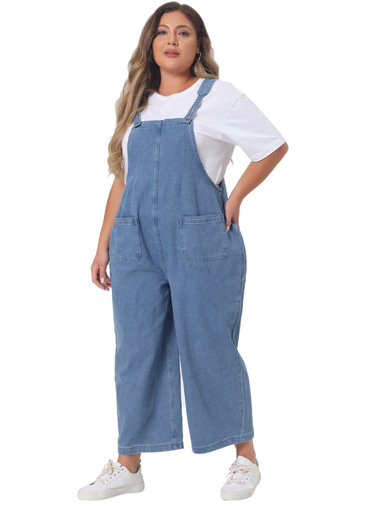 Women Plus Size Denim Bib Overalls Classic Adjustable Straps Pockets Jumpsuit Jeans Pants