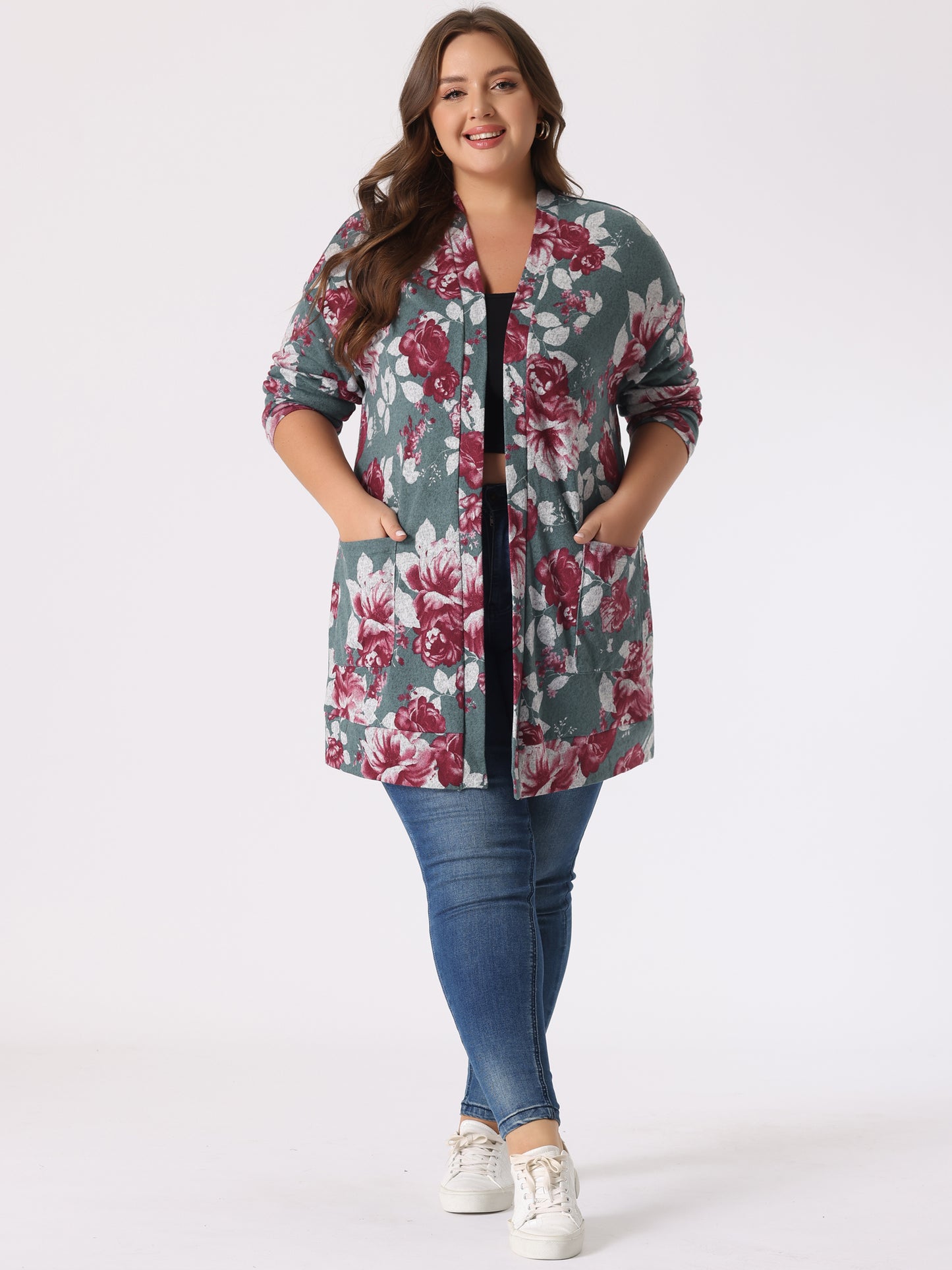 Women's Plus Size Lightweight Casual Long Sleeve Floral Knit Cardigans with Pockets