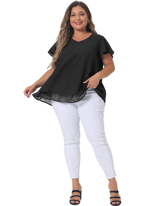 Women's Plus Size Summer Ruffle Short Sleeves V Neck Double Layered Hem Chiffon Blouse