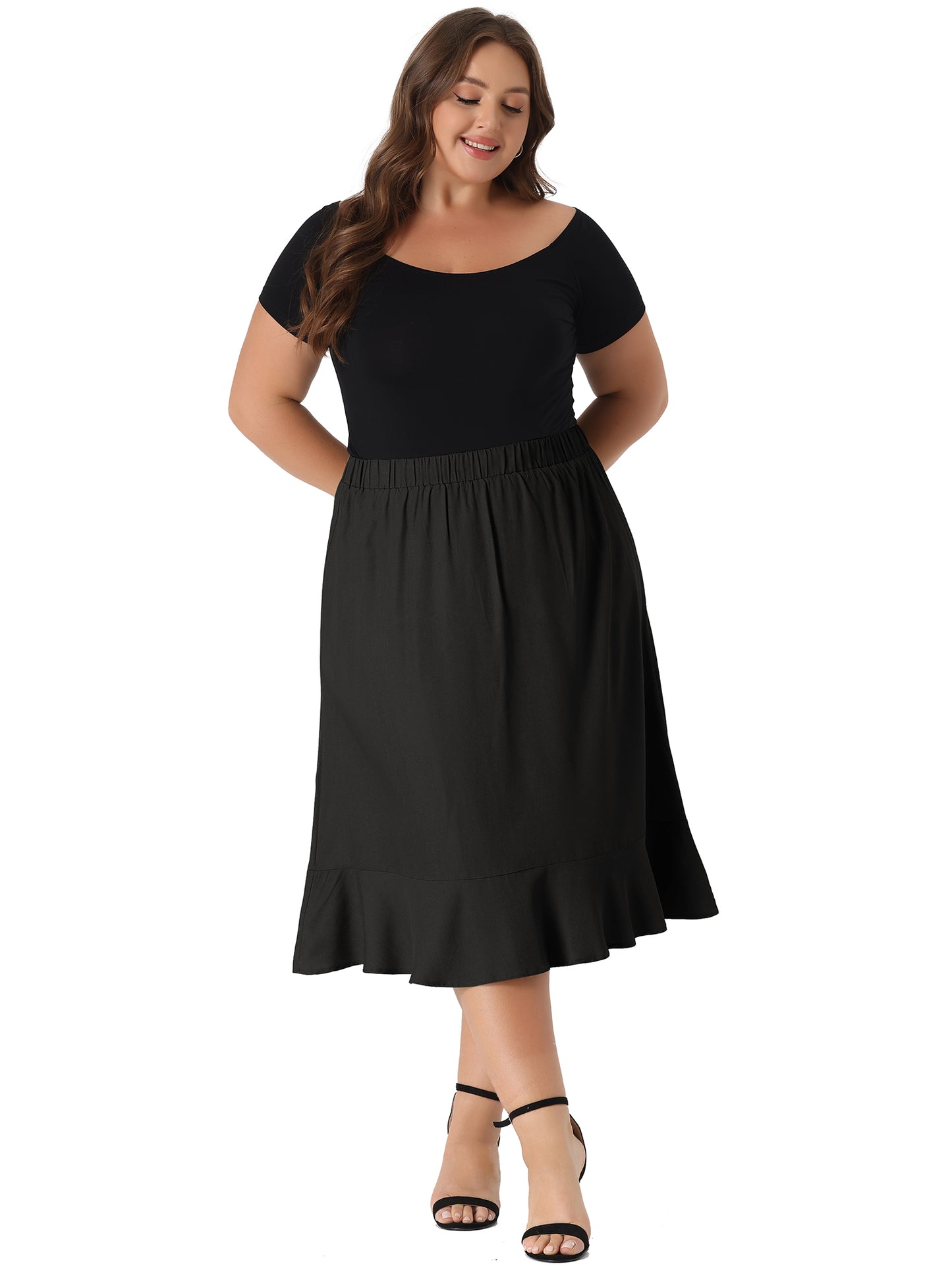 Women Plus Size Skirt Elastic Waist Ruffle Hem Chambray Midi Skirt