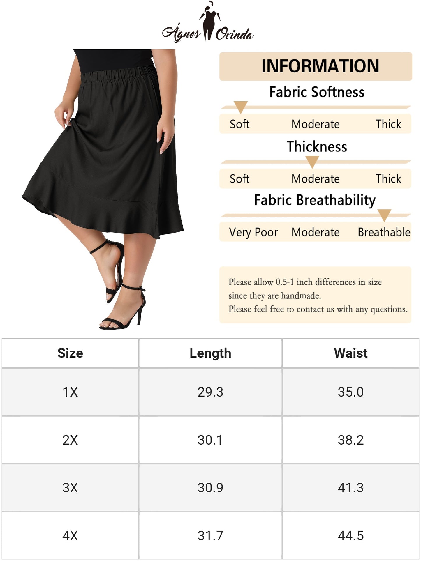 Women Plus Size Skirt Elastic Waist Ruffle Hem Chambray Midi Skirt