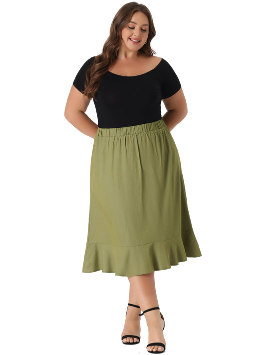 Women Plus Size Skirt Elastic Waist Ruffle Hem Chambray Midi Skirt