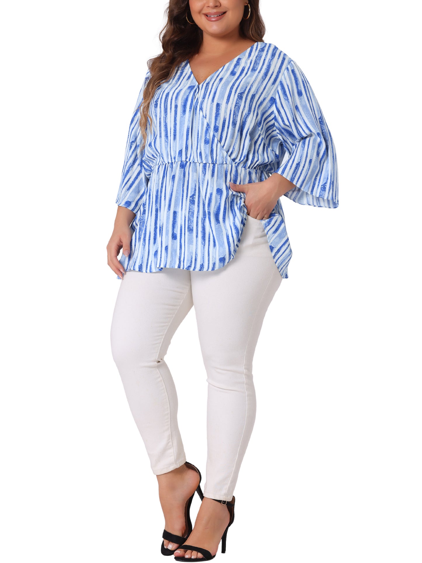 Women Plus Size Top Boho Work V Neck Striped Peplum Blouse