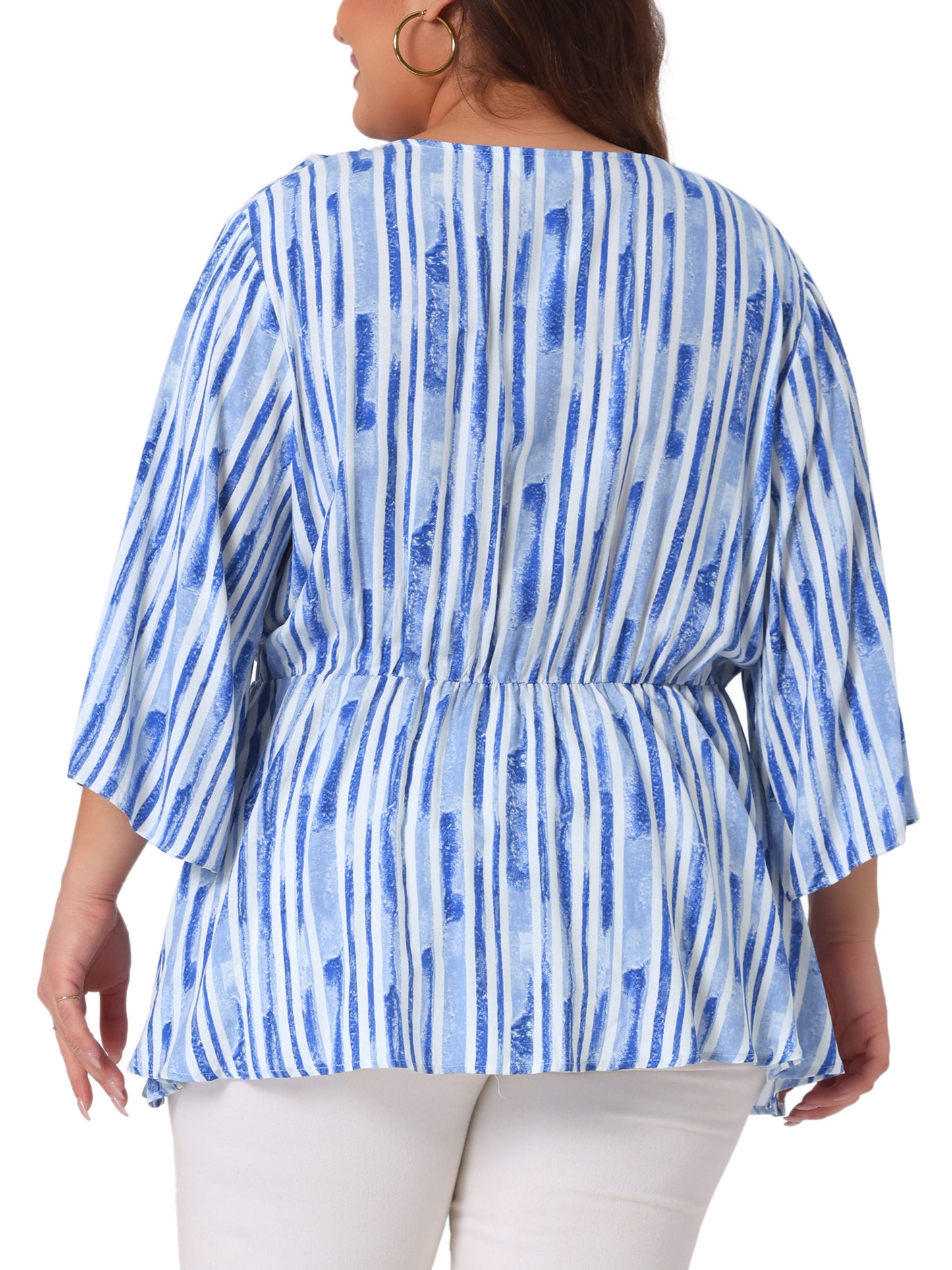 Women Plus Size Top Boho Work V Neck Striped Peplum Blouse