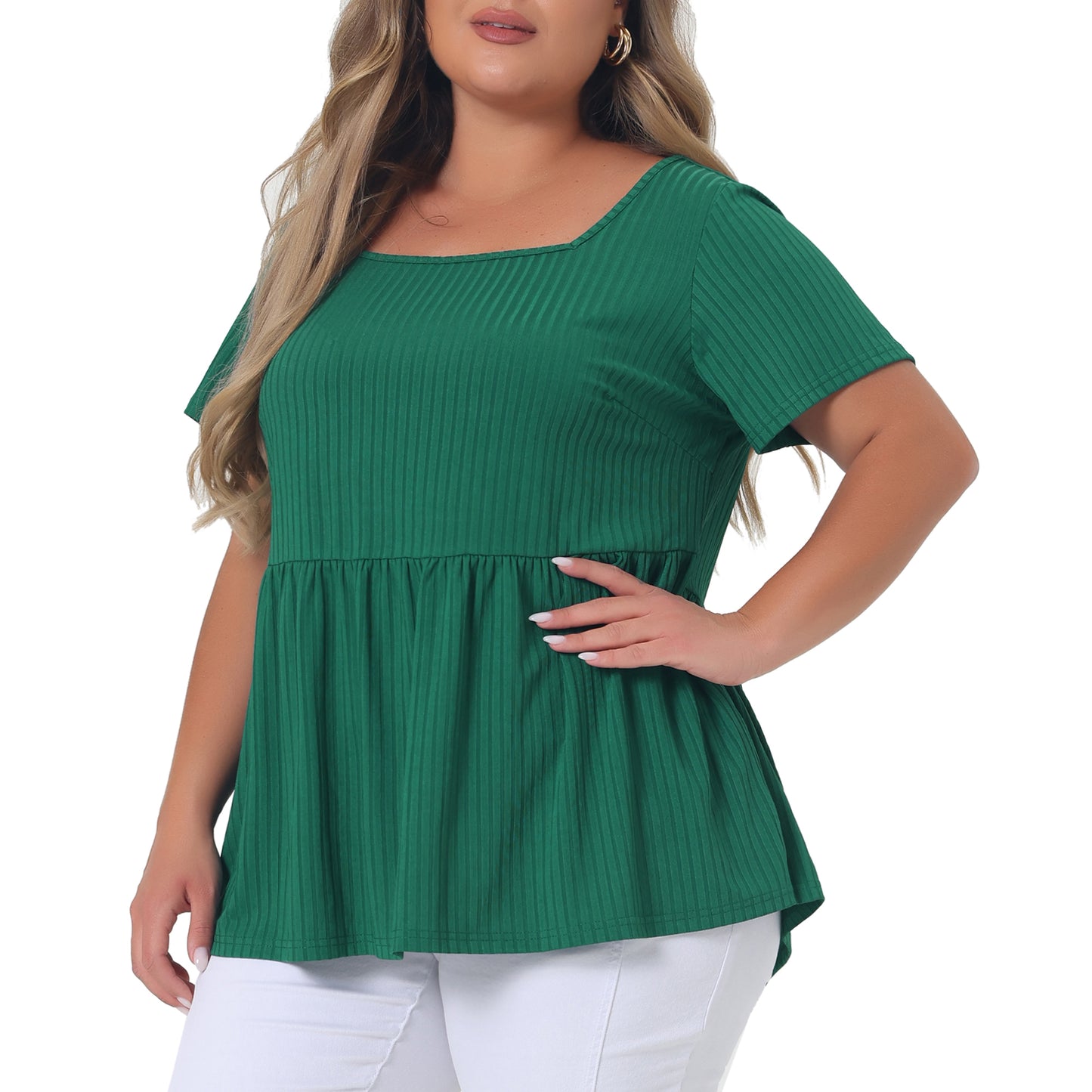 Women's Plus Size Tee Shirts Square Neck Textured Printed Peplum Summer Short Sleeve Top