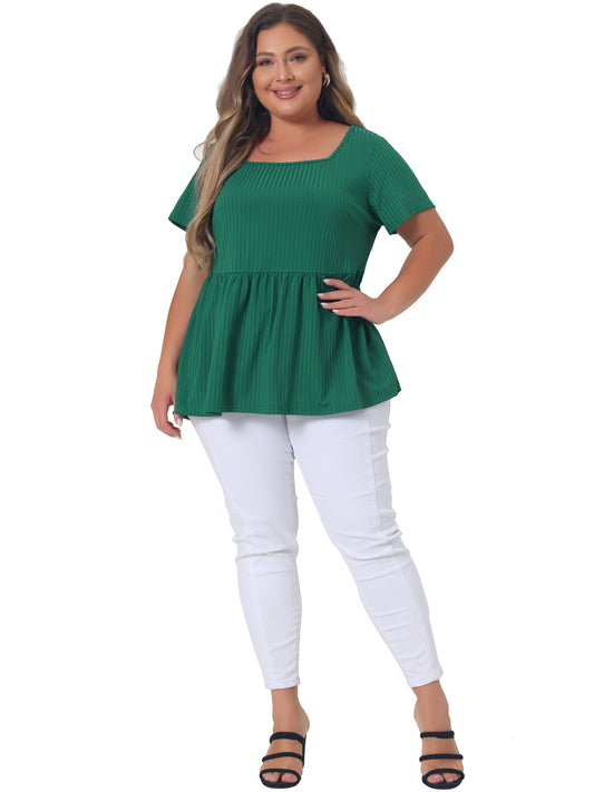 Women's Plus Size Tee Shirts Square Neck Textured Printed Peplum Summer Short Sleeve Top
