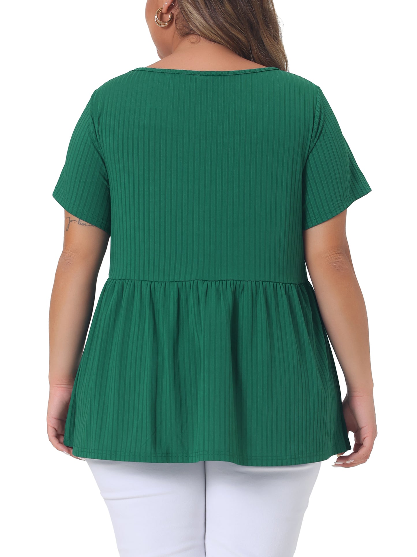 Women's Plus Size Tee Shirts Square Neck Textured Printed Peplum Summer Short Sleeve Top