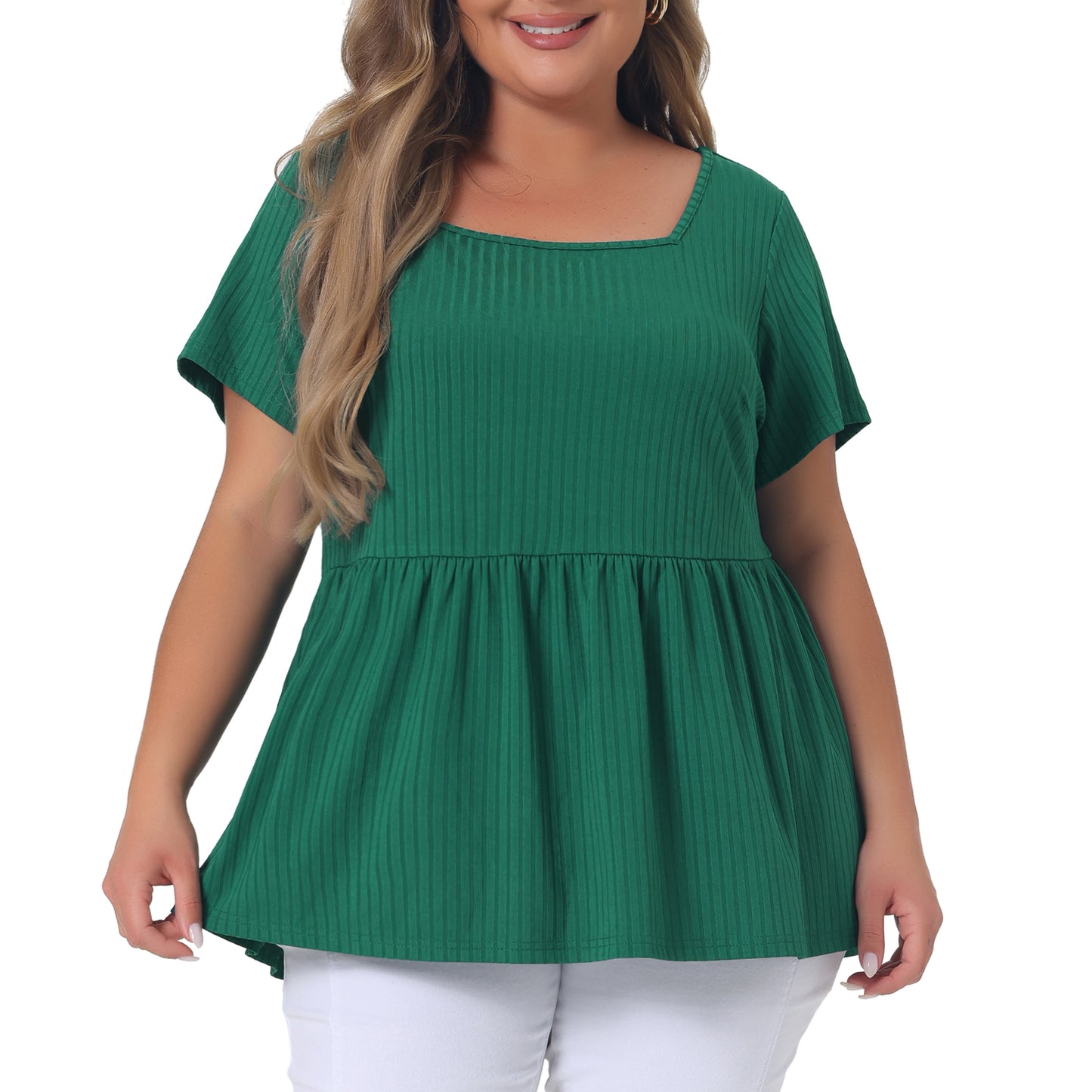 Women's Plus Size Tee Shirts Square Neck Textured Printed Peplum Summer Short Sleeve Top