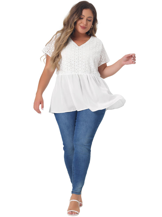 Women Plus Size Peplum BlouseSummer Short Sleeves V Neck Babydoll Top