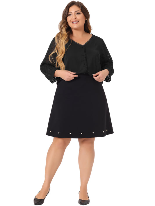 Women's Plus Size Top V Neck Sheer Lace Panel 3/4 Sleeve Button Up Lace Shirt