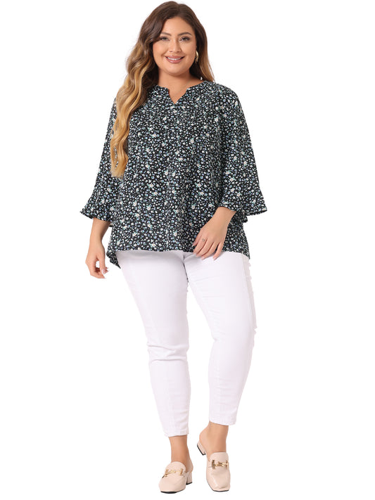 Women Plus Size Top Pleated Long Sleeves V Neck Floral Blouse