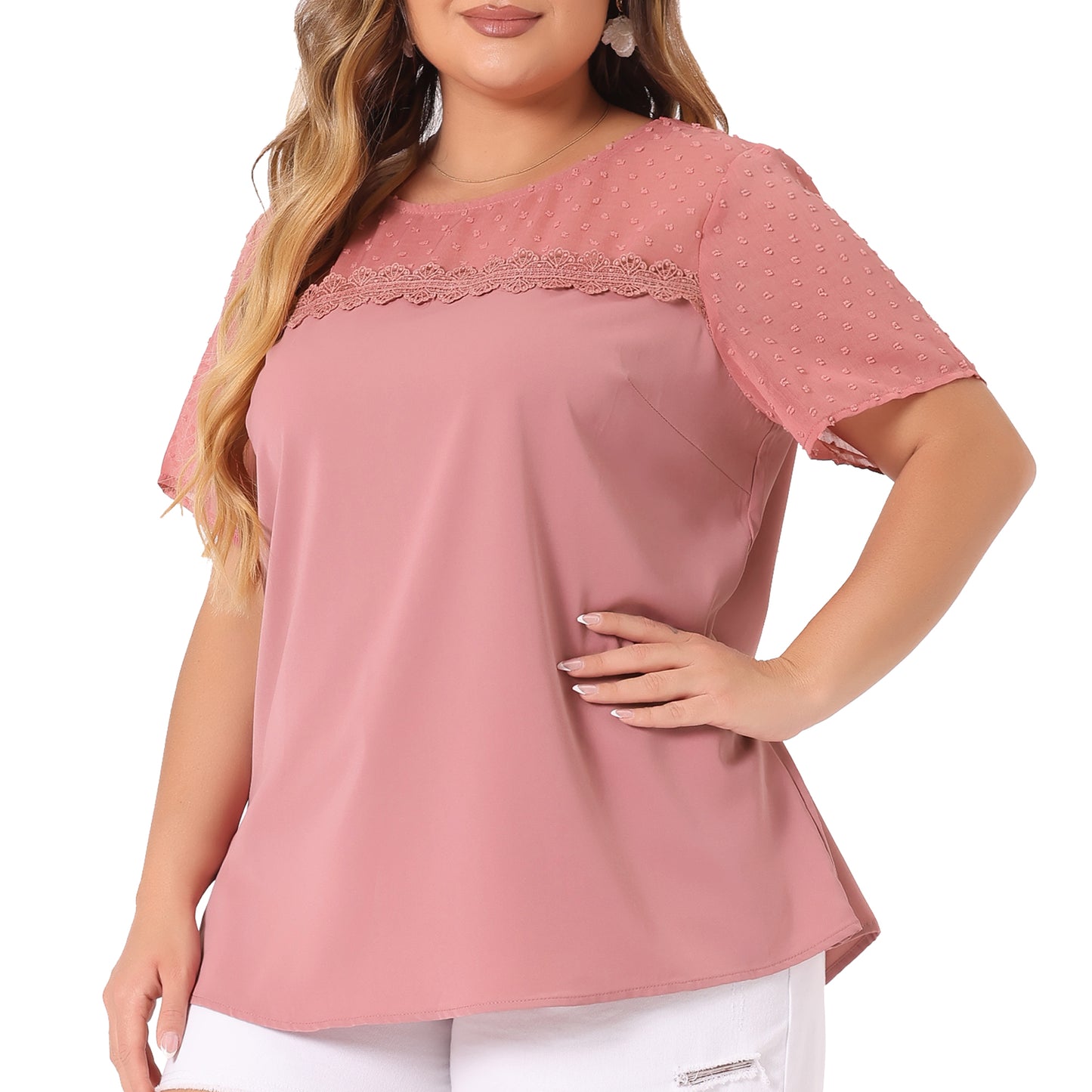 Women's Plus Size Round Neck Short Sleeves Polka Dots Lace Panel Summer Blouse
