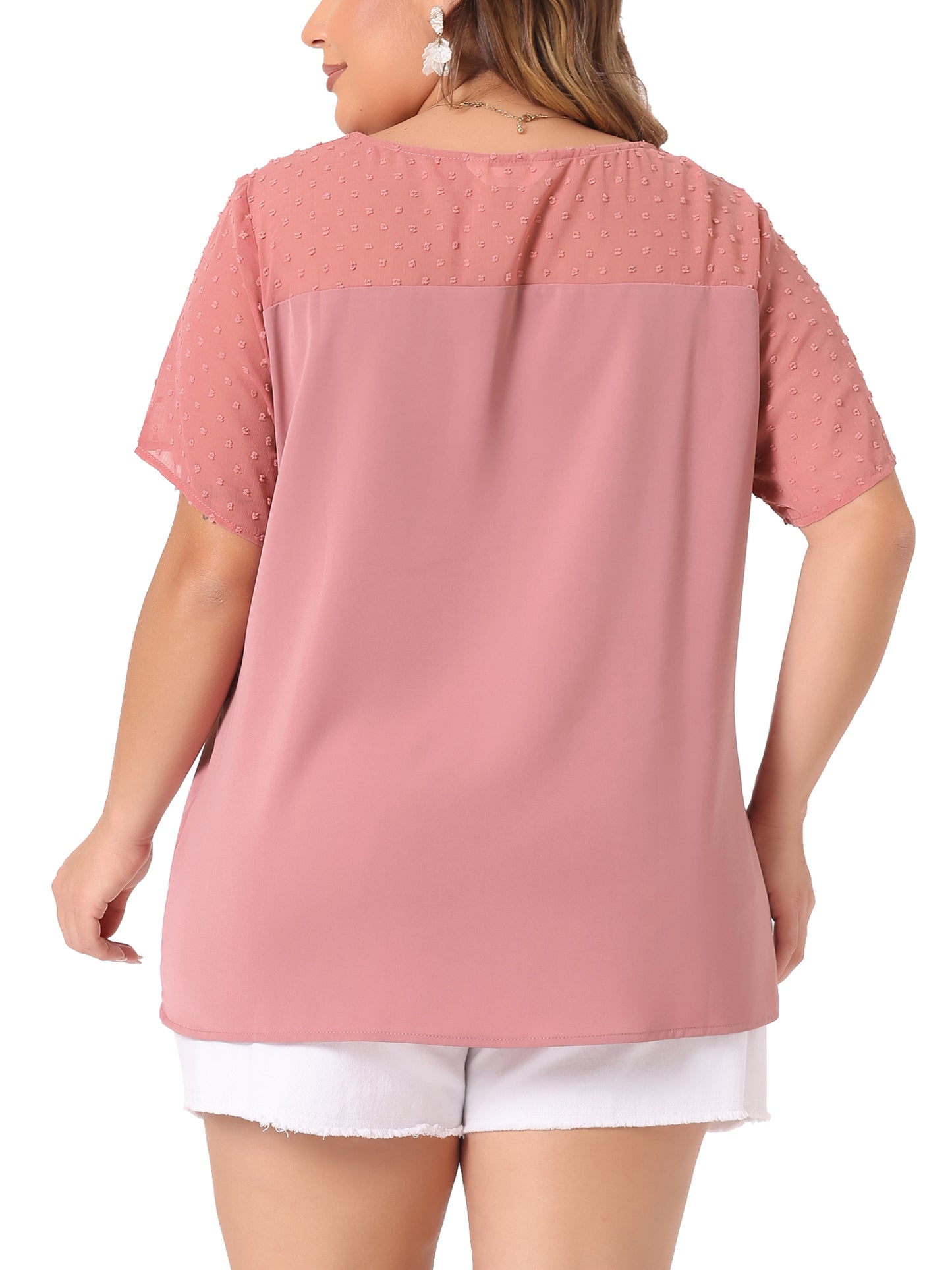 Women's Plus Size Round Neck Short Sleeves Polka Dots Lace Panel Summer Blouse