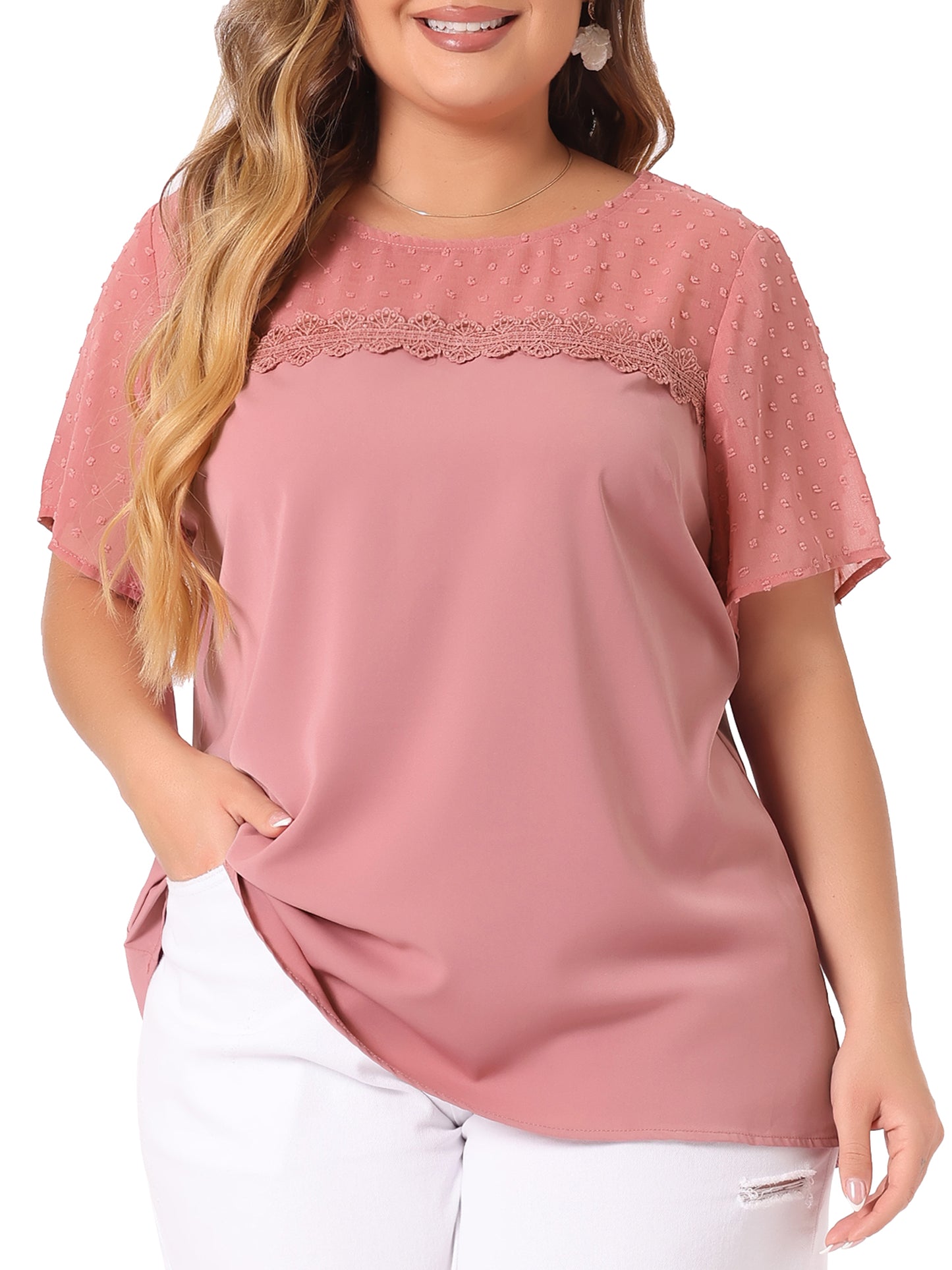 Women's Plus Size Round Neck Short Sleeves Polka Dots Lace Panel Summer Blouse