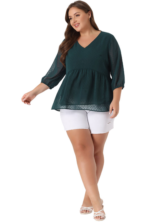 Women Plus Size Chiffon Top Babydoll Long Sleeve Swiss Dots Blouse
