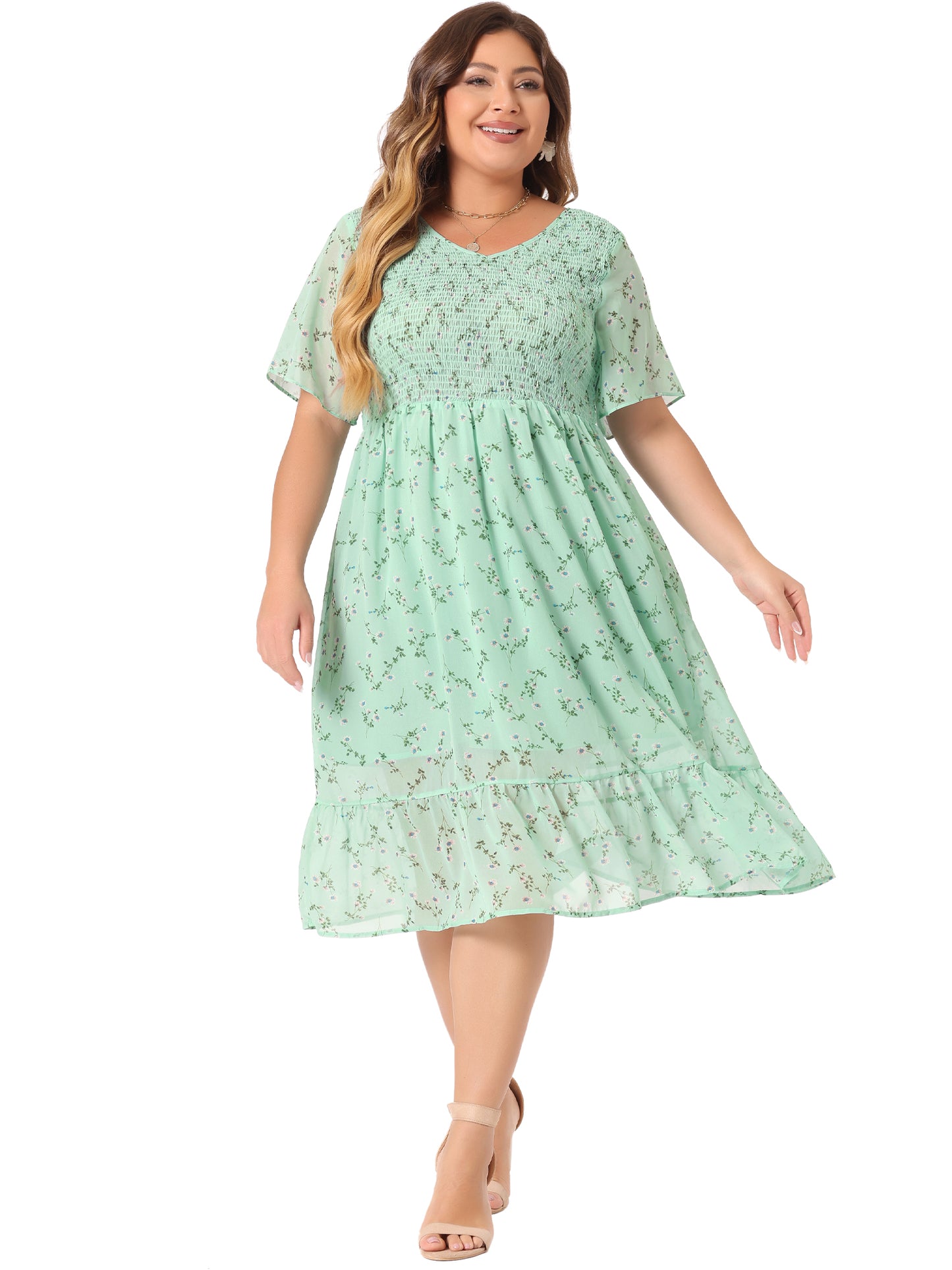 Women's Plus Size Dresses Flare Smock Ruffle Chiffon Floral Midi Dress
