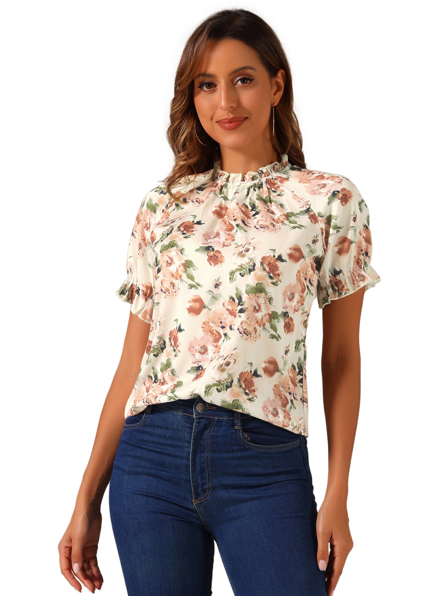 Blusa informal de verano de manga corta con cuello alto y estampado floral con volantes para mujer