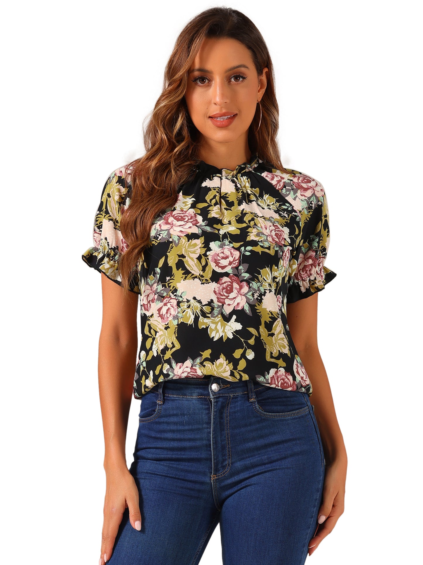 Blusa informal de verano de manga corta con cuello alto y estampado floral con volantes para mujer