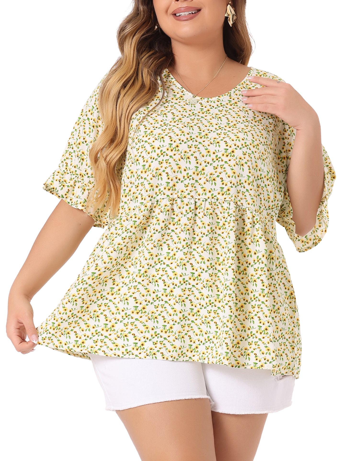 Women's Plus Size Top V Neck Floral Print Ruffle Short Sleeve Tiered Babydoll Blouse