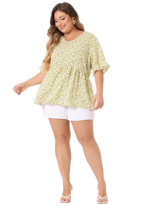 Women's Plus Size Top V Neck Floral Print Ruffle Short Sleeve Tiered Babydoll Blouse