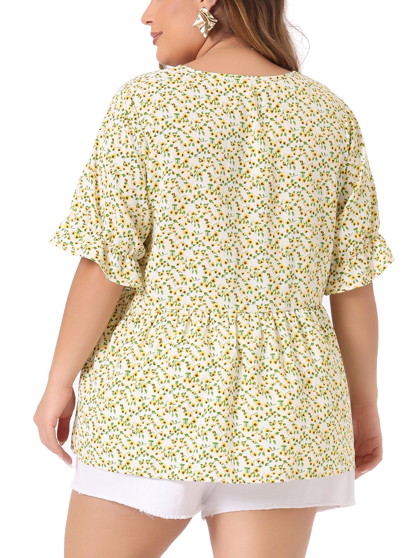 Women's Plus Size Top V Neck Floral Print Ruffle Short Sleeve Tiered Babydoll Blouse
