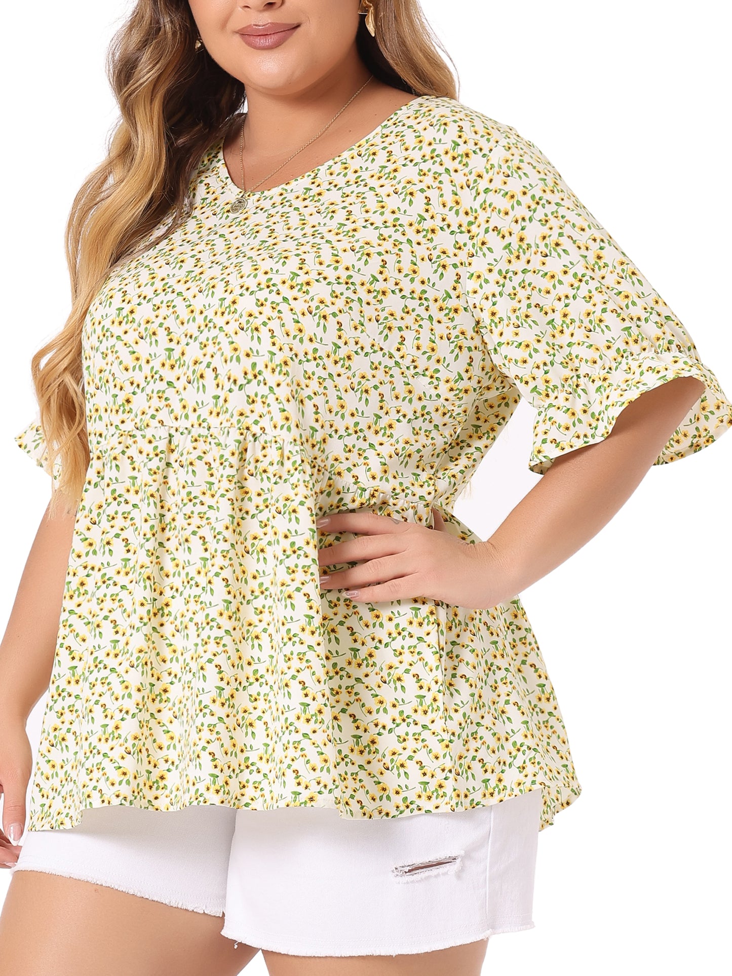 Women's Plus Size Top V Neck Floral Print Ruffle Short Sleeve Tiered Babydoll Blouse