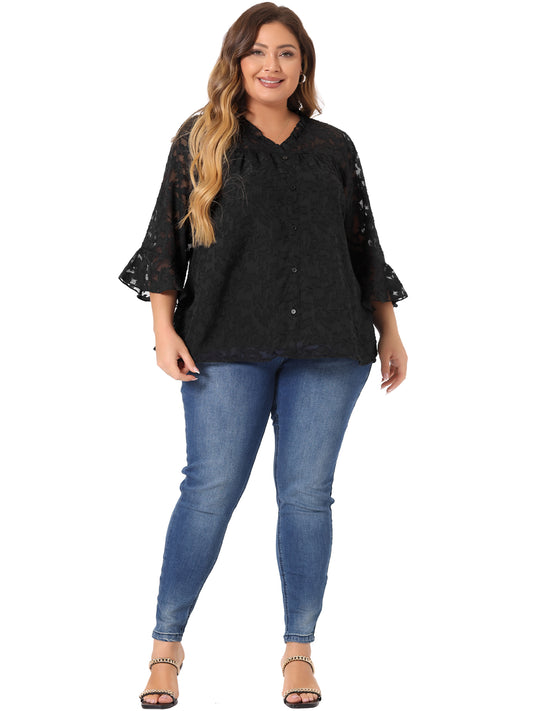Women Plus Size Top Ruffle V Neck 3/4 Bell Sleeve Semi Sheer Blouse