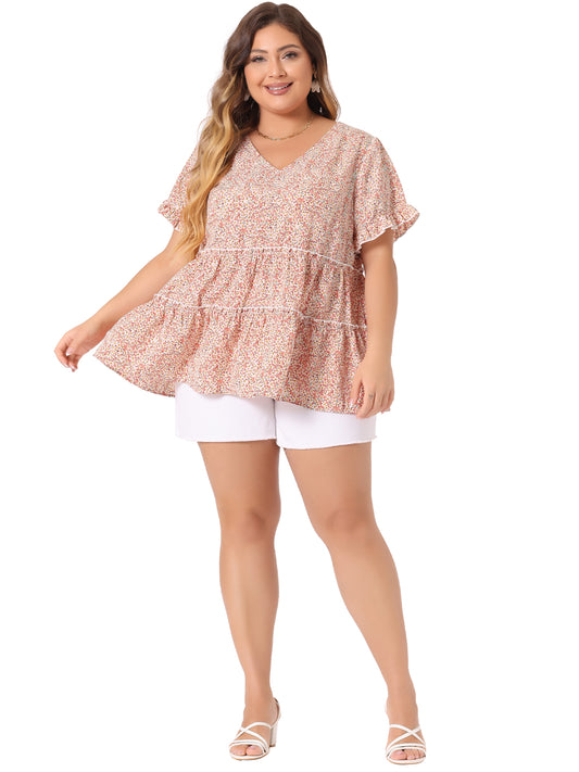 Women's Plus Size Blouse Summer Tops V Neck Short Sleeve Boho Floral Babydolls Blouse
