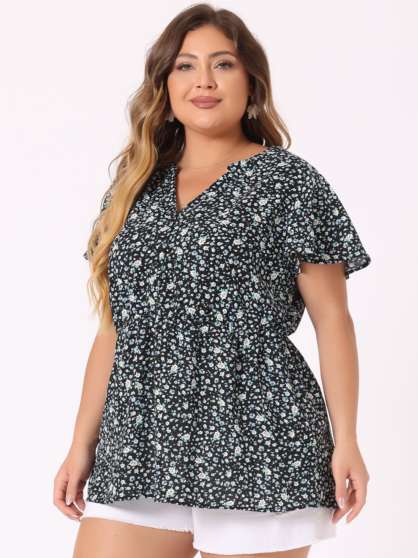 Women's Plus Size Floral Tops Elastic Waist Lightweight Chiffon Blouses Summer Top