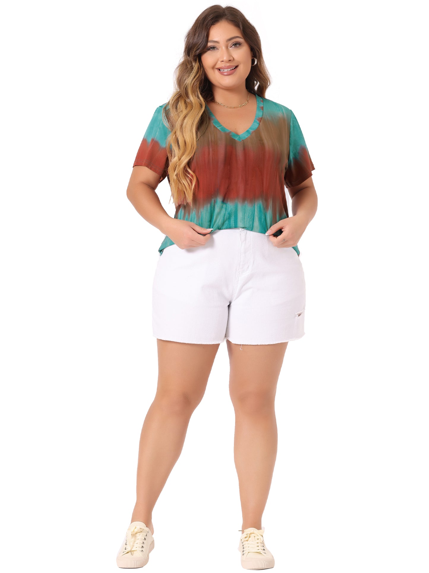 Women's Plus Size Summer Top V Neck Short Sleeve Casual Tie Dye