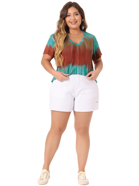 Women's Plus Size Summer Top V Neck Short Sleeve Casual Tie Dye