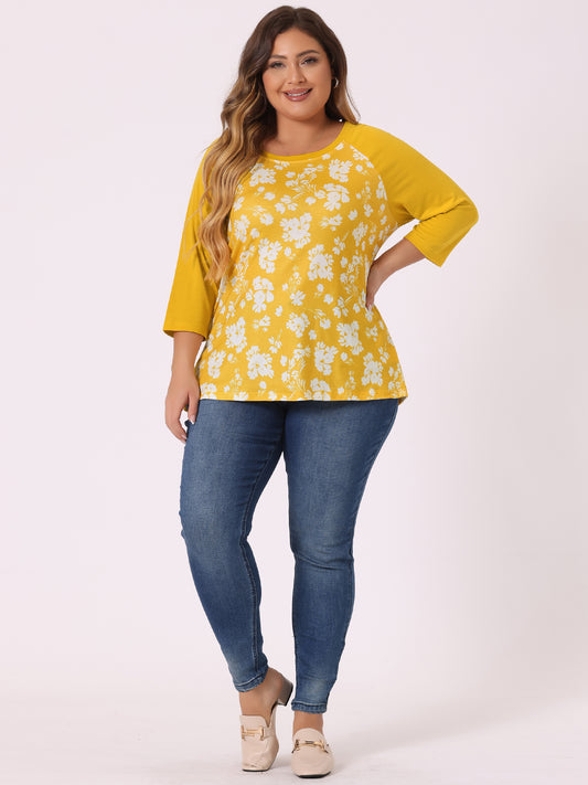 Women's Plus Size Raglan Crewneck 3/4 Sleeve Tunic Tee Shirt Floral Print T-Shirt Casual Top