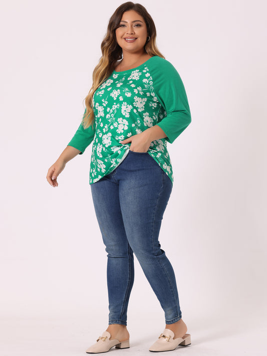 Women's Plus Size Raglan Crewneck 3/4 Sleeve Tunic Tee Shirt Floral Print T-Shirt Casual Top