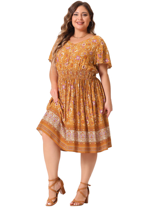 Women Plus Size Placed Pattern Bohemian Smock Waist V Neck Summer Midi Dress