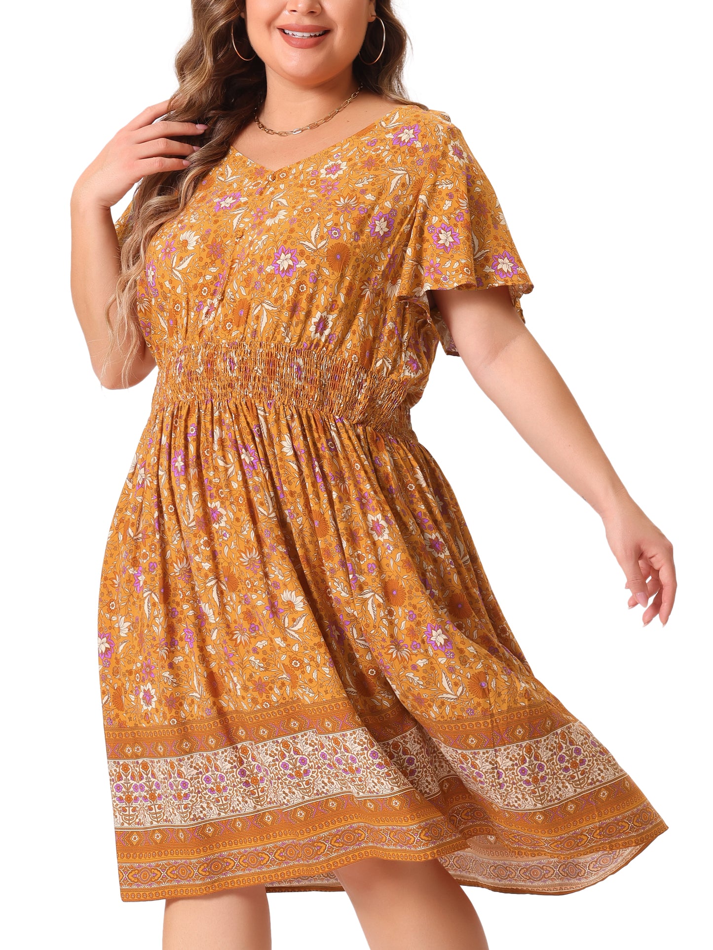 Women Plus Size Placed Pattern Bohemian Smock Waist V Neck Summer Midi Dress