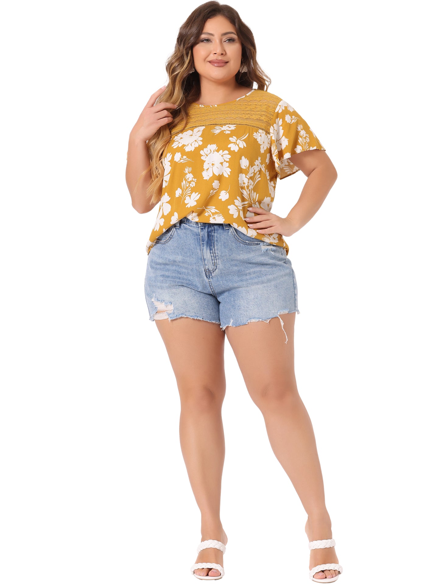 Women Plus Size Flared Sleeve Floral Summer Lace Panel Tunic Blouse