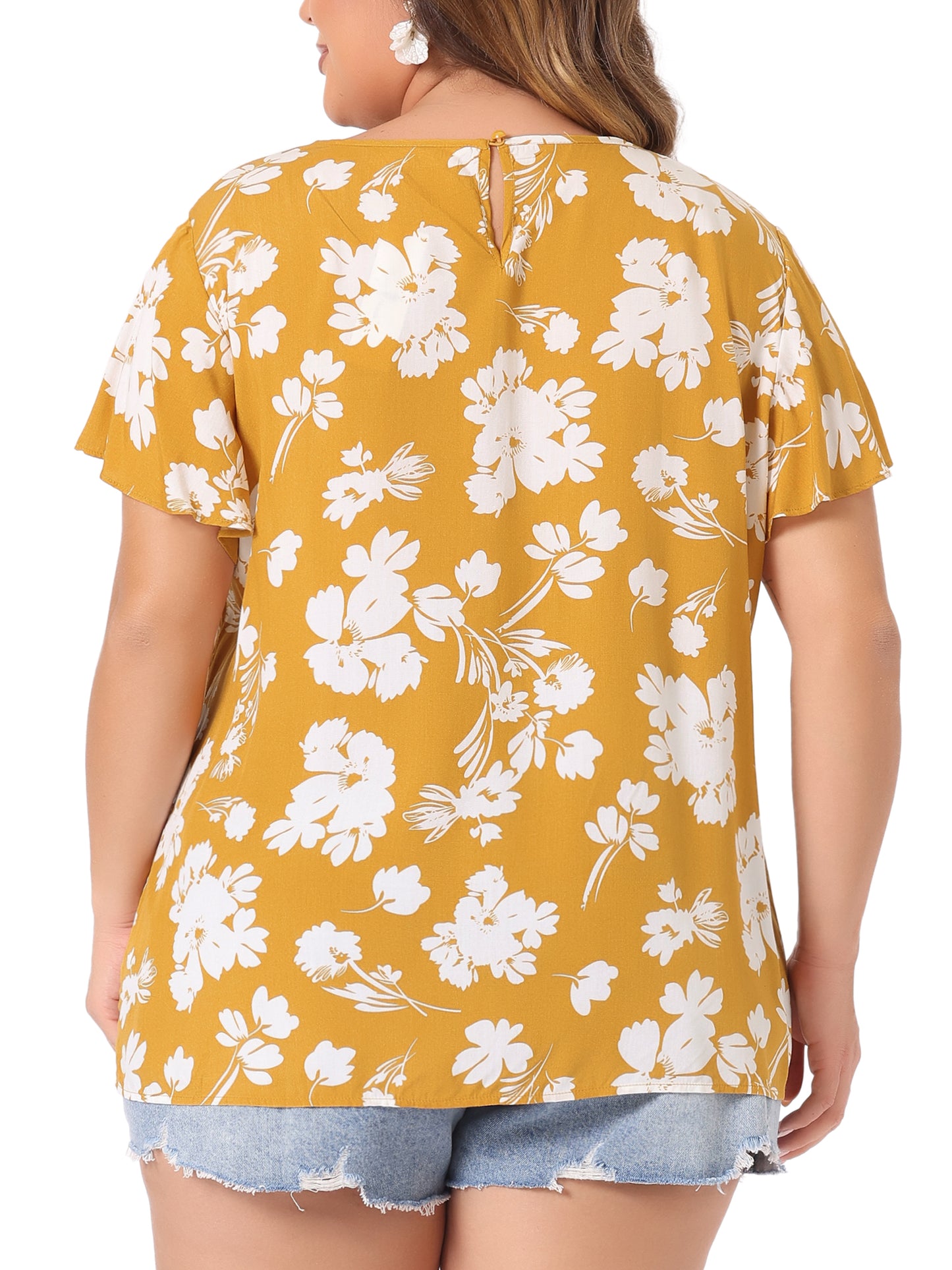 Women Plus Size Flared Sleeve Floral Summer Lace Panel Tunic Blouse