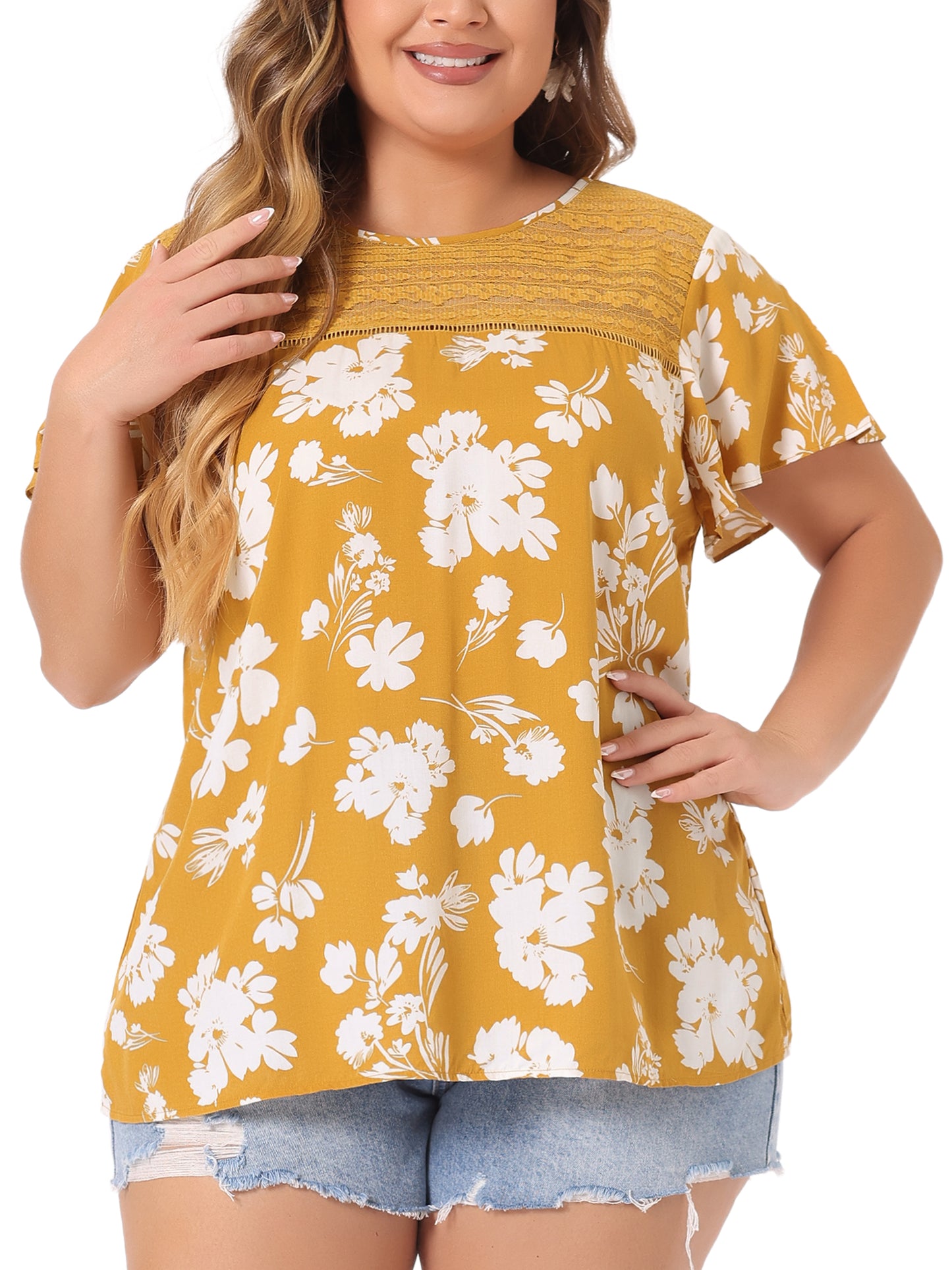 Women Plus Size Flared Sleeve Floral Summer Lace Panel Tunic Blouse
