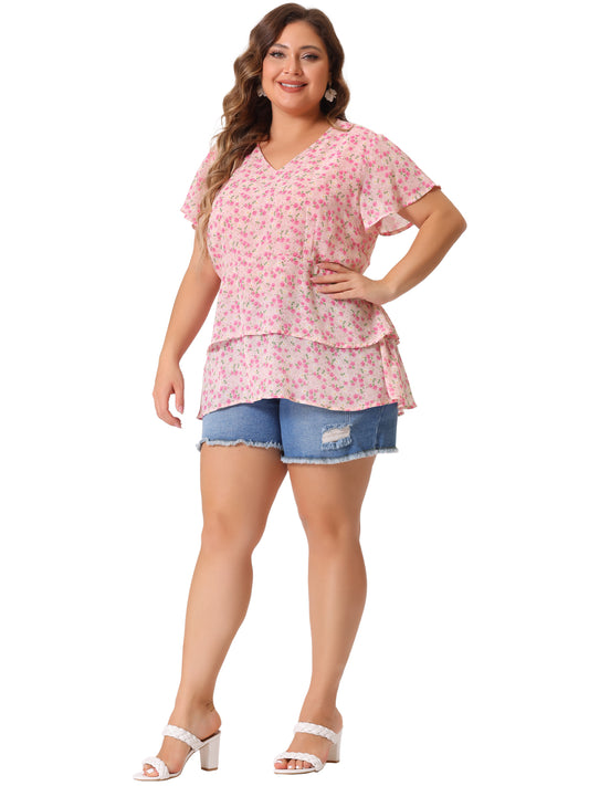 Women Plus Size Summe Tops V Neck Short Sleeve layered Floral Blouse