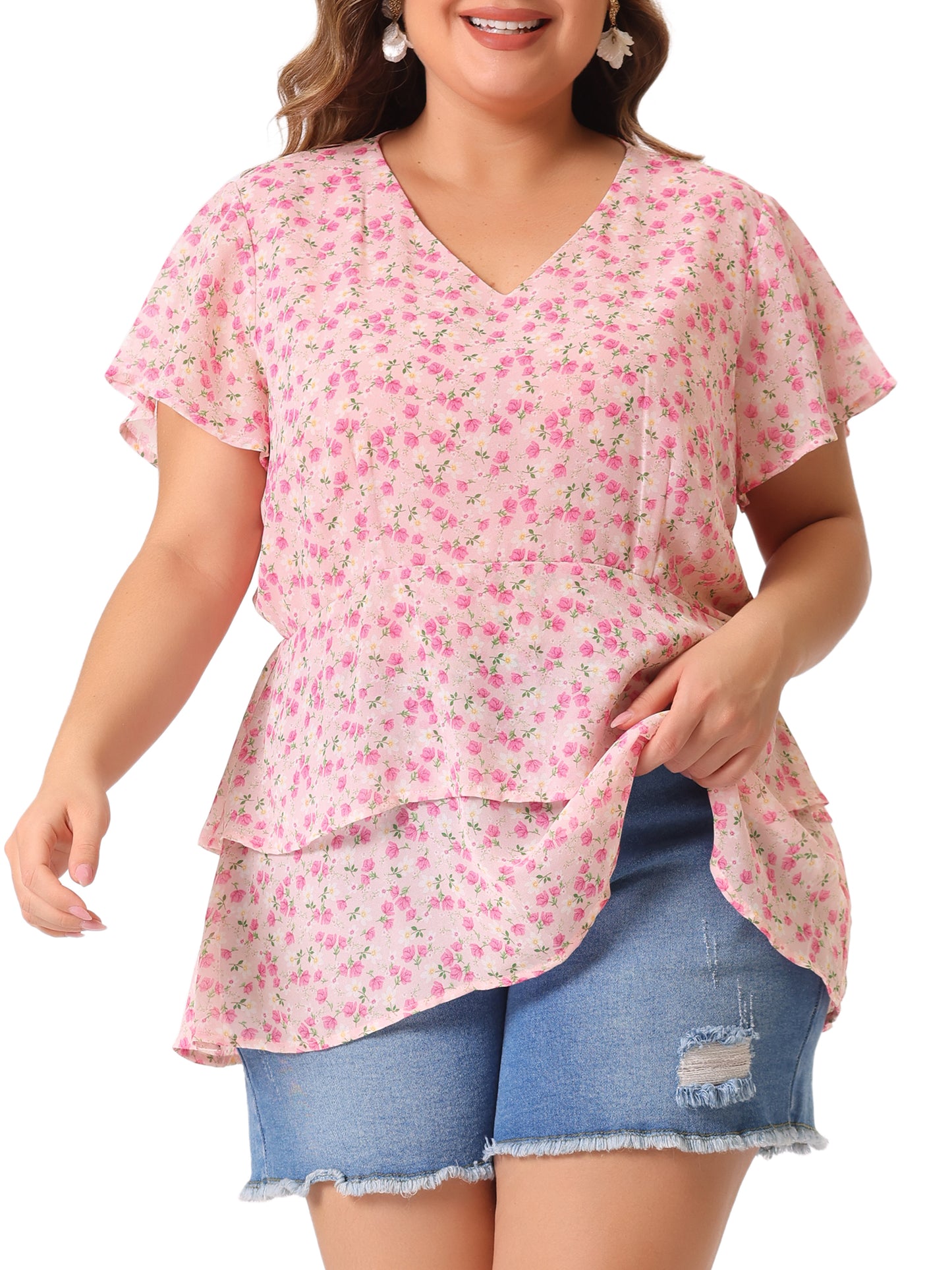 Women Plus Size Summe Tops V Neck Short Sleeve layered Floral Blouse