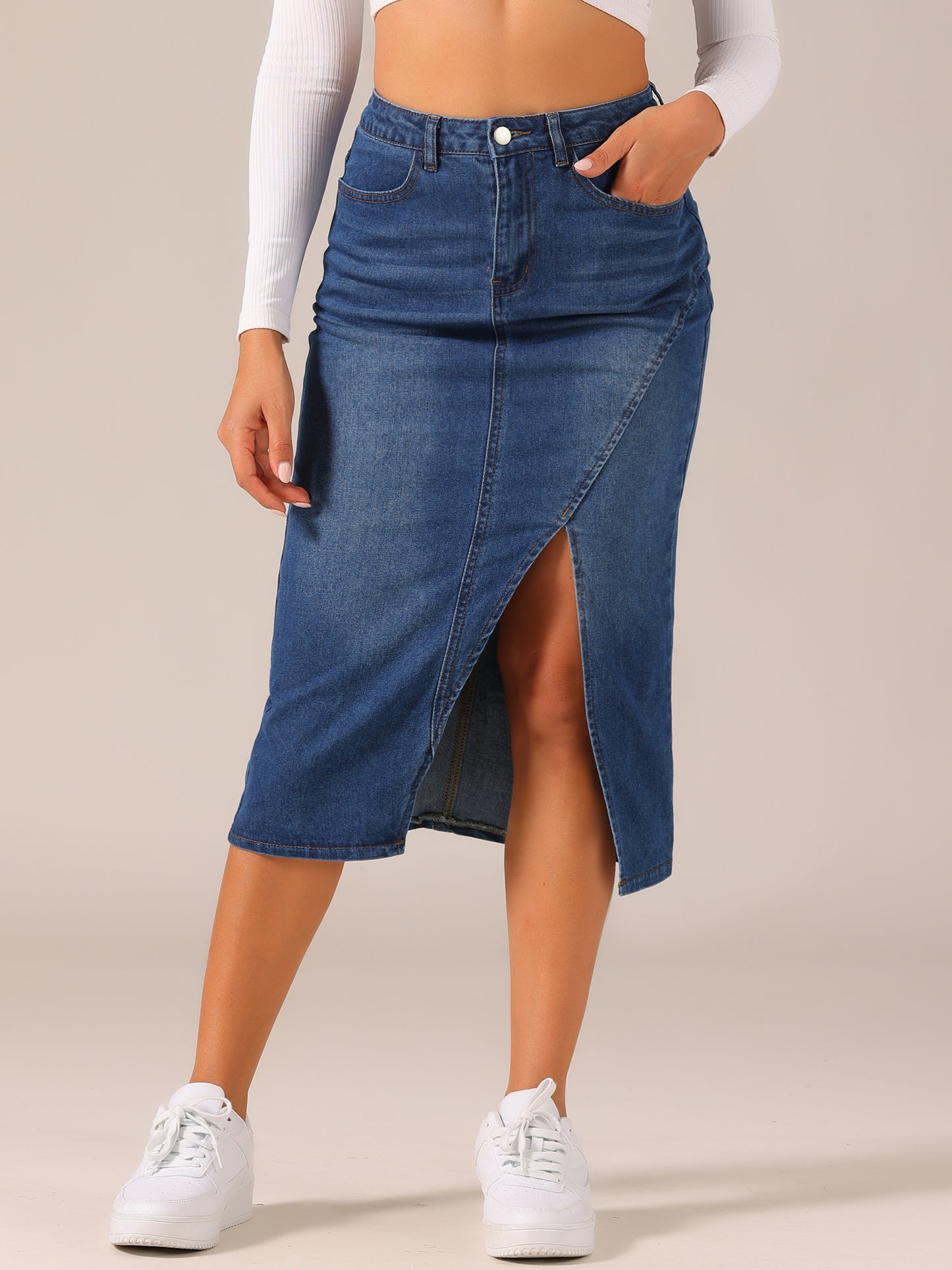Women's Casual Denim Skirt High Waisted Split Front Midi Jean Skirts