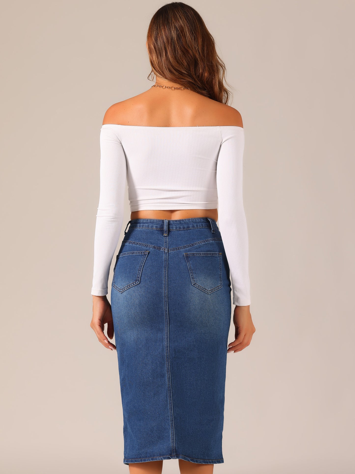 Women's Casual Denim Skirt High Waisted Split Front Midi Jean Skirts