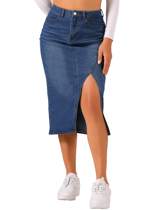 Women's Casual Denim Skirt High Waisted Split Front Midi Jean Skirts